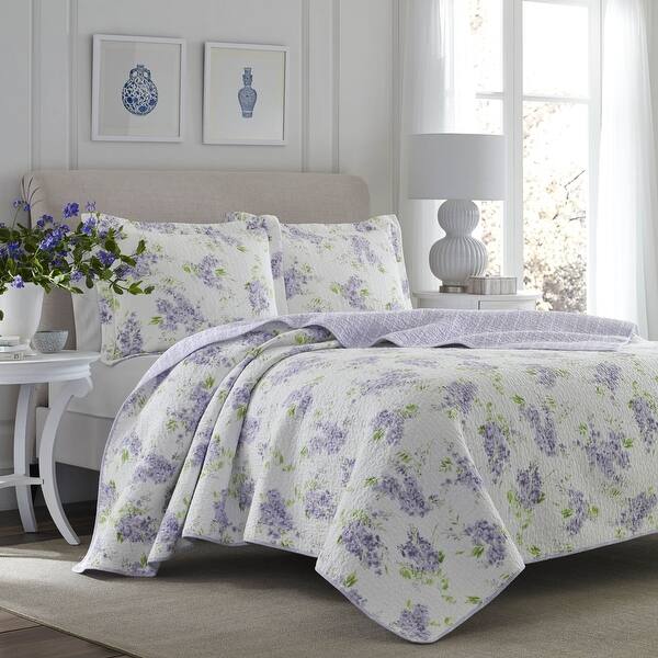 slide 1 of 6, Laura Ashley Keighley Cotton Reversible Purple Quilt Set Full - Queen