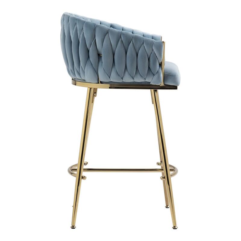 (Set of 1) 26" Velvet Counter Height Bar Stool with Wave Back, Golden Chrome Base and Footrest