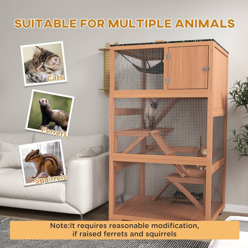 PawHut Catio, Outdoor Cat Enclosure House, Wooden Feral Cat Shelter on Wheels, Cat Cage with Hammock, Platforms Ramps