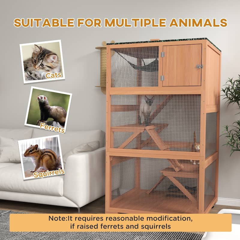 Orange-Green Fir Wood Cat Cage with Hammock, Ramps and Multi Platforms