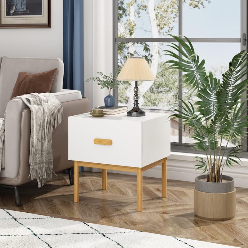 Anmytek Modern White Nightstand with Drawer Wood Legs Minimalist Bedside Table for Bedroom Living Room