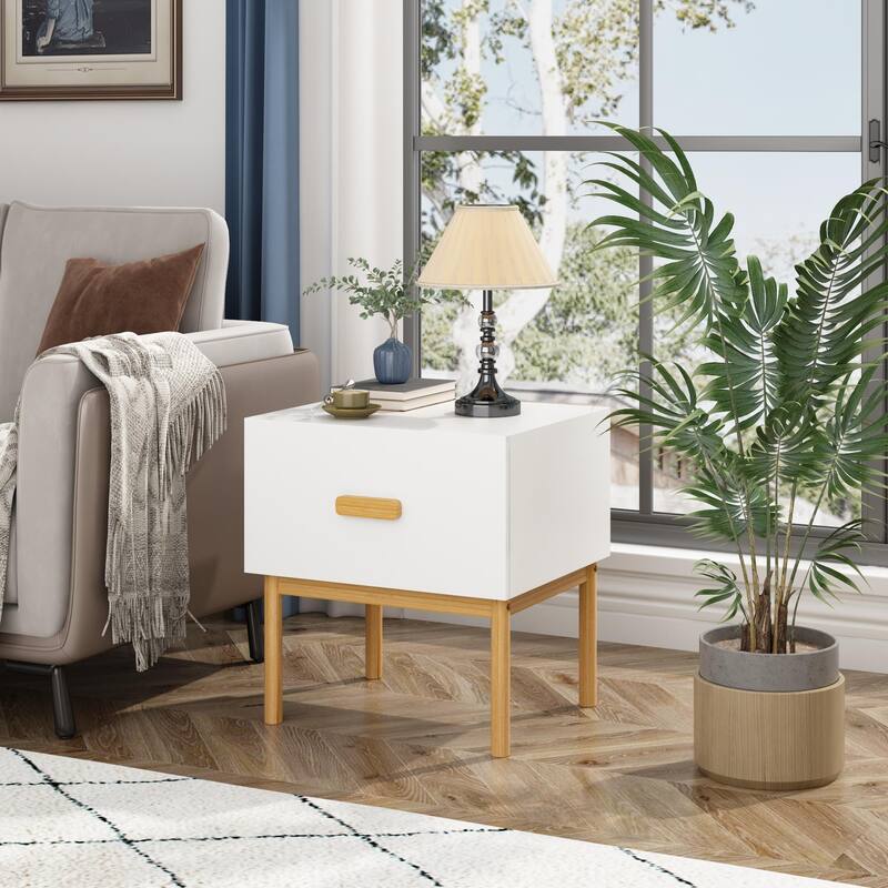 Contemporary White Nightstand‌ – Minimalist Bedside Table with Wooden Legs & Pull Handle, Versatile - White