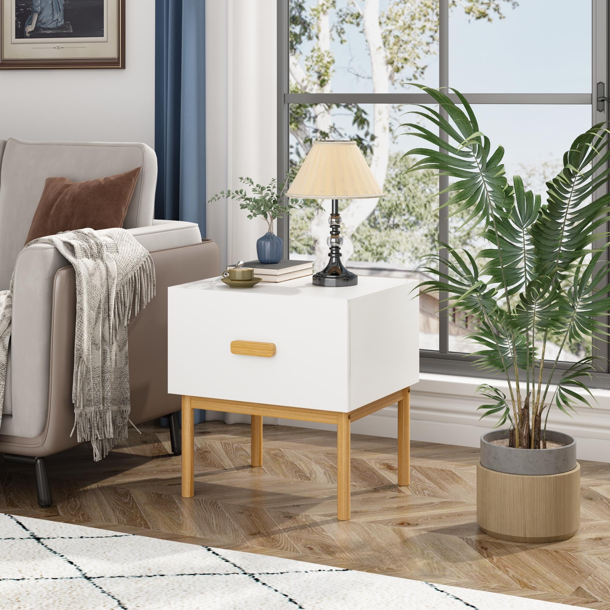 Minimalist Bedside Table Nightstand with Handle, White Side Table Corner Table File Table Dressing Table