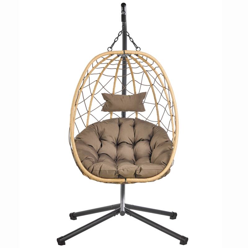 Summit Hanging Egg Swing Chair with Brown Frame & Foldable Shell for Home Patio Garden Backyard Porch - Light Brown