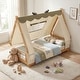 preview thumbnail 3 of 18, Gymax Twin Size House Floor Bed w/ TentWood Bed Frame w/ Roof Window &