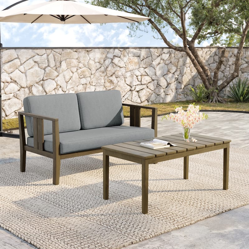 Teak Wood Water Resistant Outdoor Loveseat and Coffee Table Set (Set of 2)