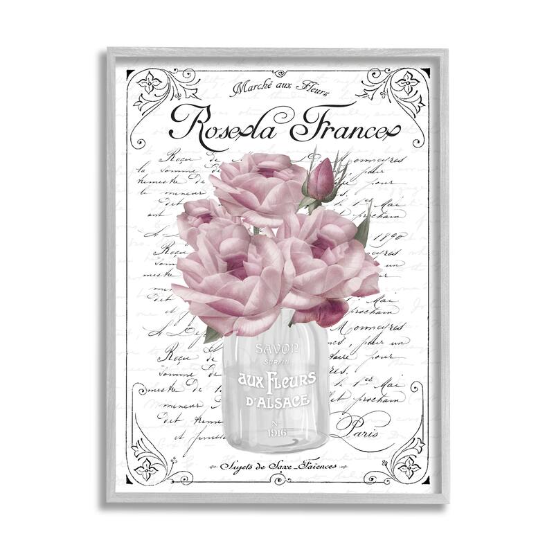 Stupell Pink Roses Bouquet French Words Fancy Script Background Framed Wall Art, Design by Lettered and Lined