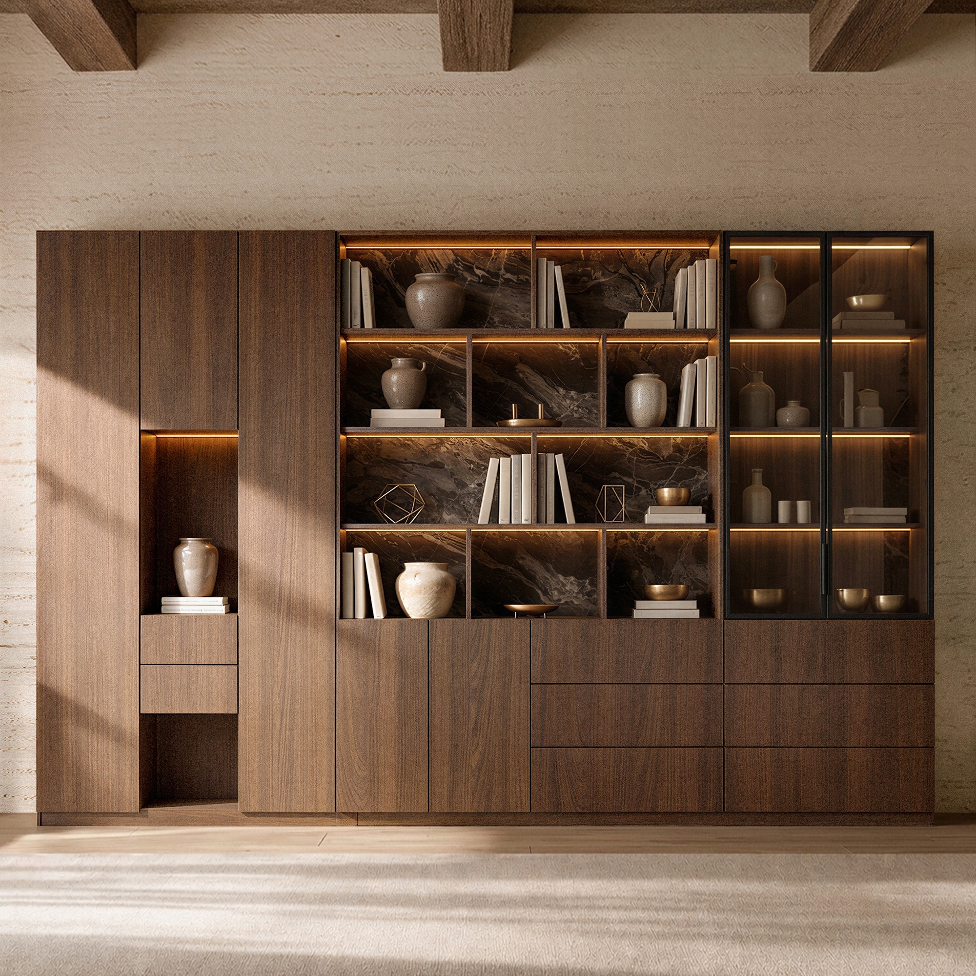 141.7" Modular Storage Cabinet with LED Lights, Entertainment Center with Glass Display Doors,Push-to-Open Doors Buffet