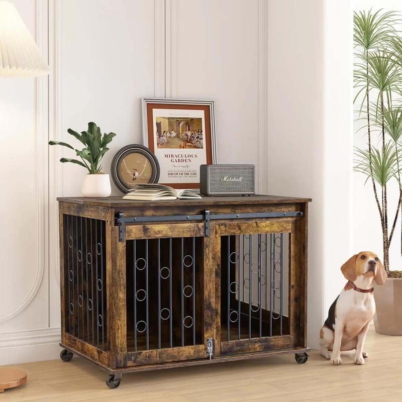 Sliding Barn Door Dog Crate Furniture with Flip-top Plate - Brown