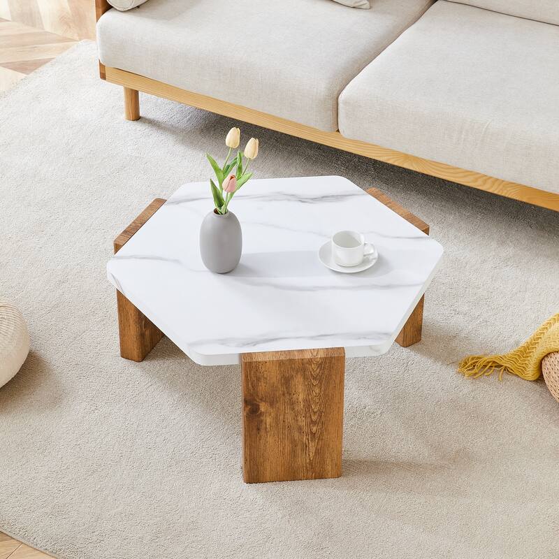 Faux Marble Top Hexagon Coffee Table Cocktail Table with Wooden Triangular Base