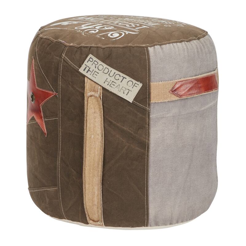 Brown Canvas Pouf with Leather Accents