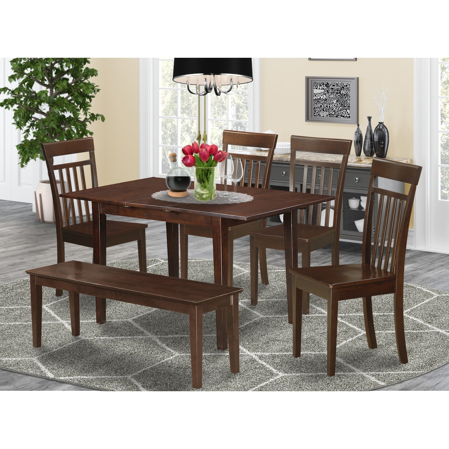 Small Space Dinette Set - 7 Piece Rectangular Table & 6 Chairs - Solid Wood Dining Set