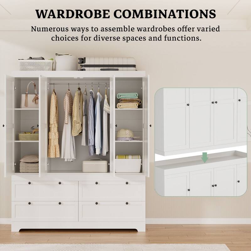 Gyomojoy Large White Wardrobe Closet with Drawers & Doors, Modular Armoire with Hanging Rods, Apartment & Dorm Storage