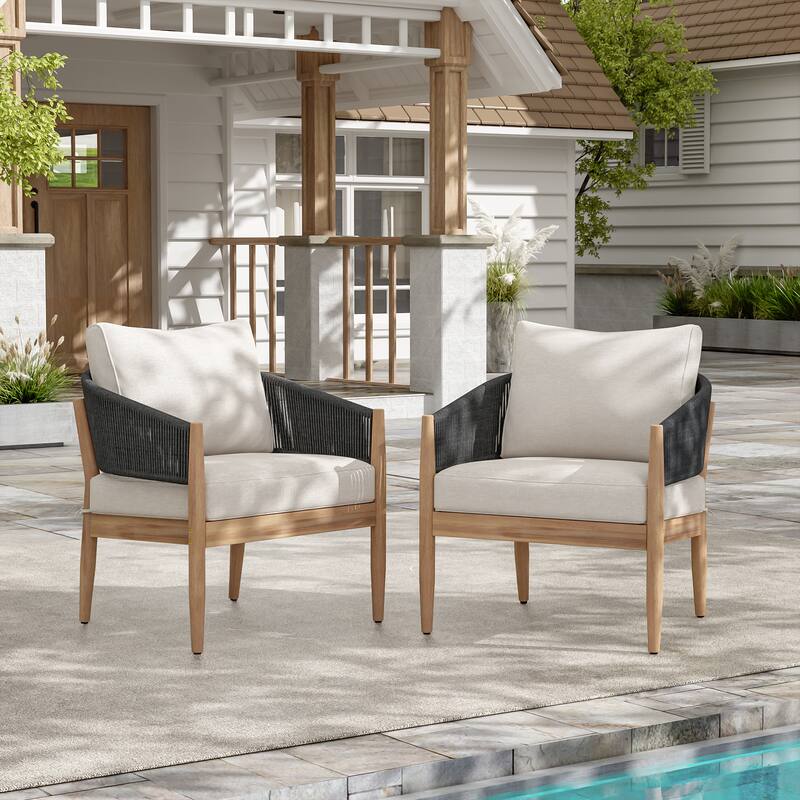 Roomfitters Verona Outdoor Acacia Wood Club Chairs with Rope Detail, Natural Finish and Beige Set of 2 - Set of 2 - Beige,Black,Natural