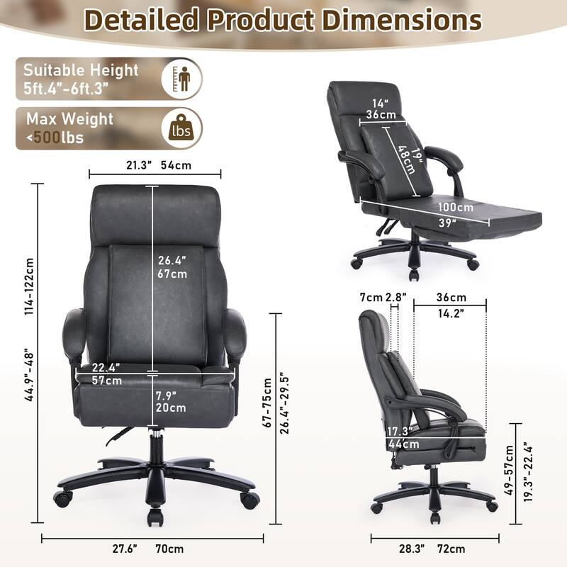 500Lbs Ergonomic Office Chair with Foot Rest, Faux Leather Executive Chair Reclining Chair, Swivel Heavy Duty Task Desk Chairs