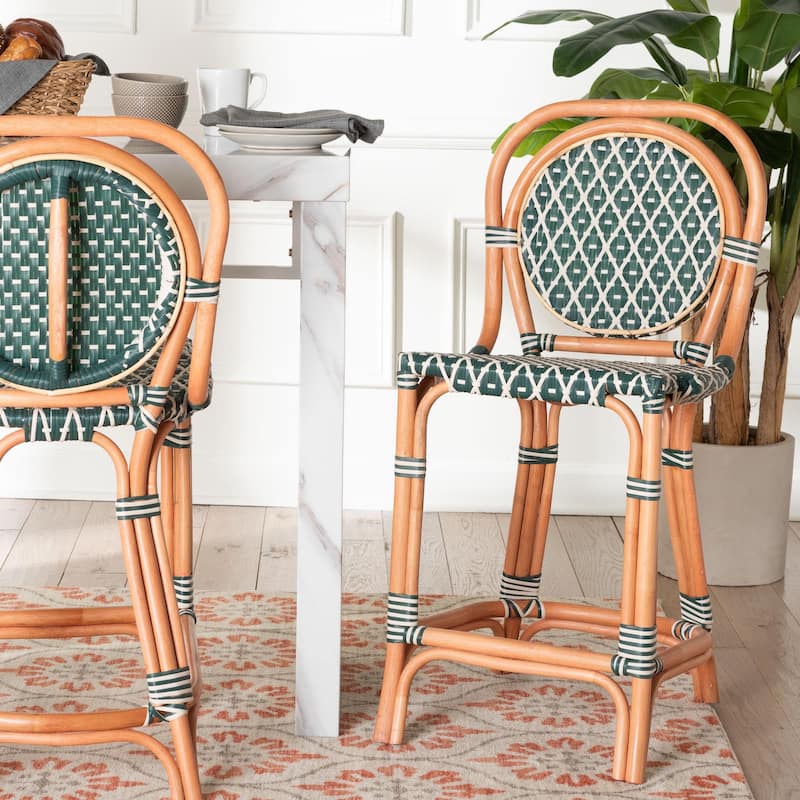 Mattie Rattan Bistro Counter Stool - Handwoven Accent Seating with Backrest for Kitchen Island or Indoor/Outdoor Lounge