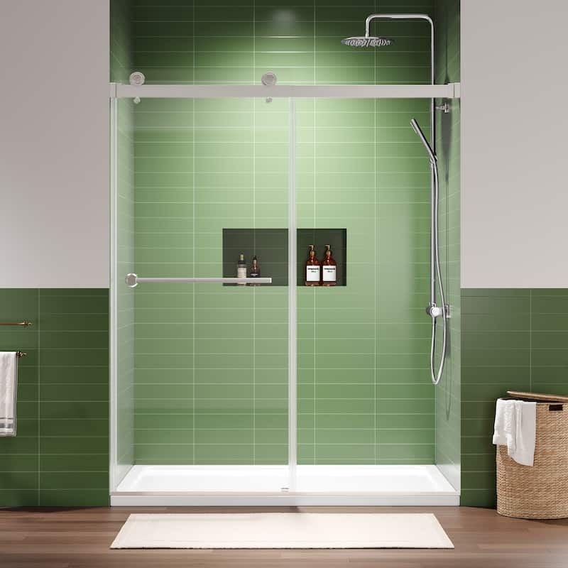 72" x 59" Frameless Double Sliding Shower Door, 8mm Easy-Clean Tempered Glass, 304 Stainless Hardware, Reversible