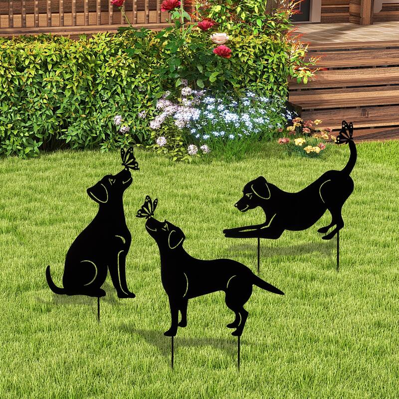 Glitzhome 2-in-1 Black Metal Cat Rabbit Duck Dog Silhouette Yard Stakes Wall Decor (Set of 3)