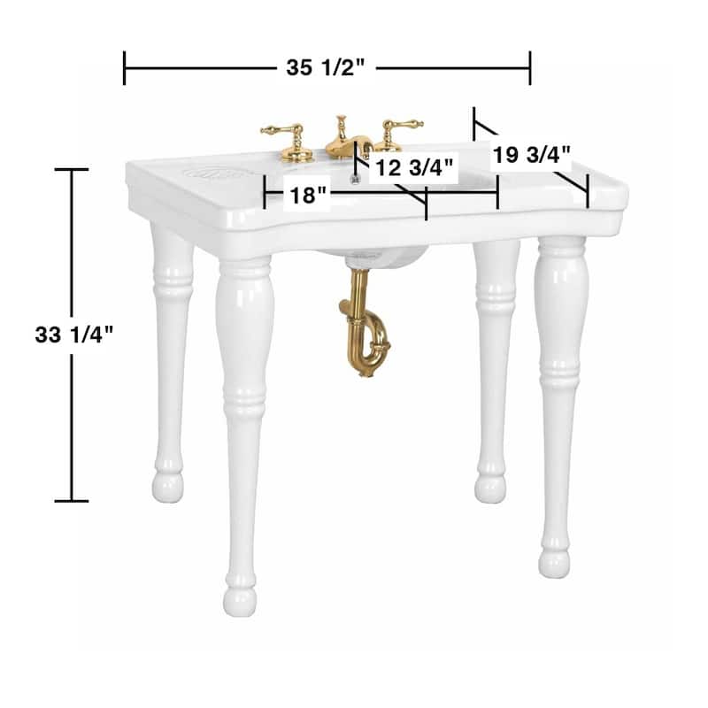 White Belle Console Bathroom Sink 35.5 W with 4 Pedestal Legs, Backsplash, Overflow, Black Faucet 8 and Drain