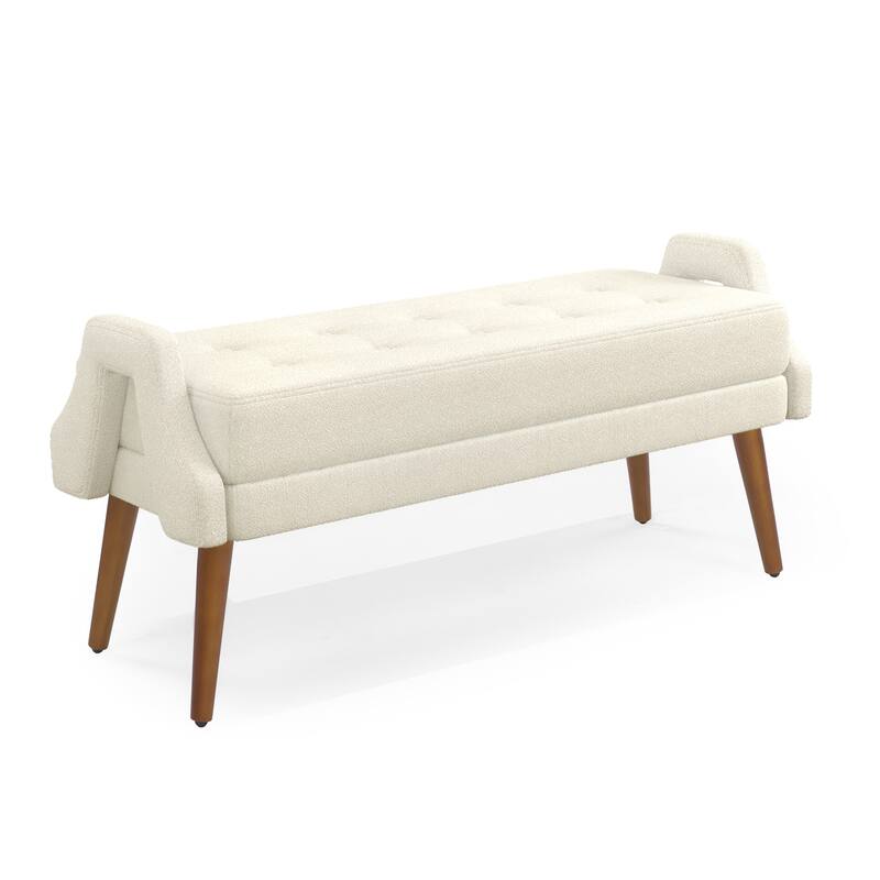 Roomfitters Modern Upholstered Bench with Looped Yarn Fabric, Geometric Armrests and Rubber Wood Legs for Bedroom or Entryway