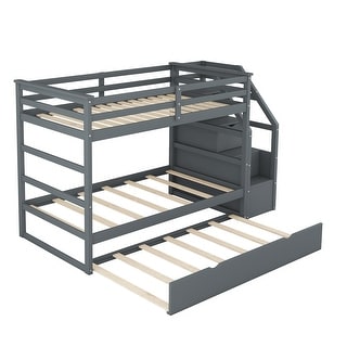 Multifunctional Twin Over Twin Wooden Bunk Bed with Twin Size Trundle and Staircase