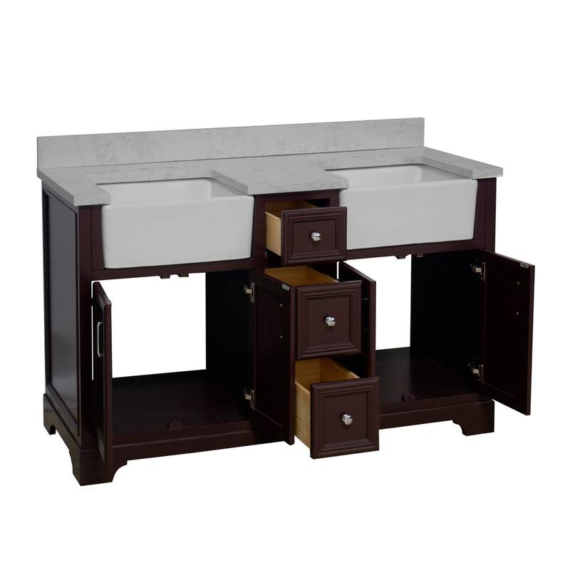 KitchenBathCollection Zelda 60" Double Farmhouse Bathroom Vanity with Engineered Carrara Top