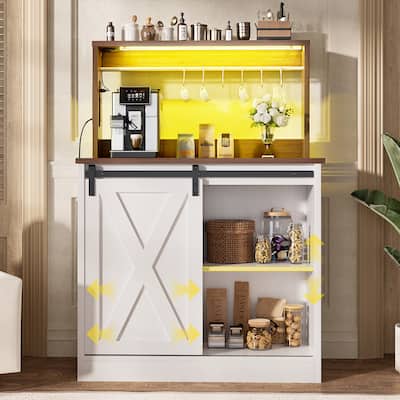 Farmhouse Wine Bar Cabinet with Barn Door & Charging Station,Sturdy Buffet Coffee Bar Cabinet with LED Lights & Hutch