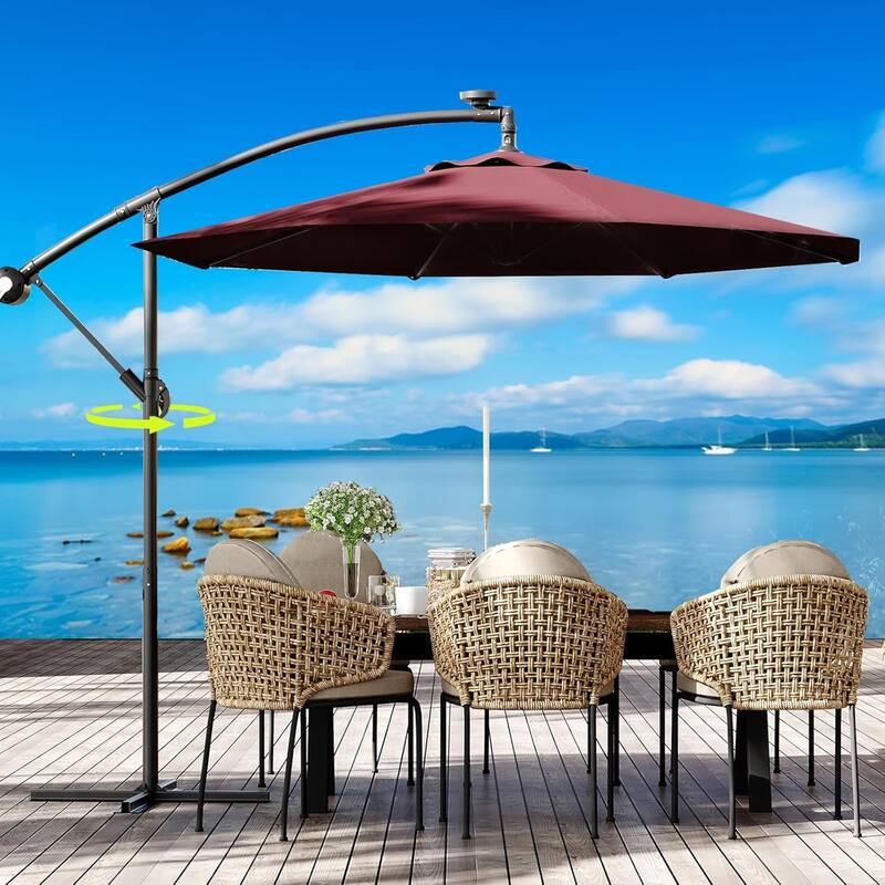 10FT Offset Umbrella with Cross Base, Fade Resistant Canopy Large Patio Umbrella with 360-degree - Red