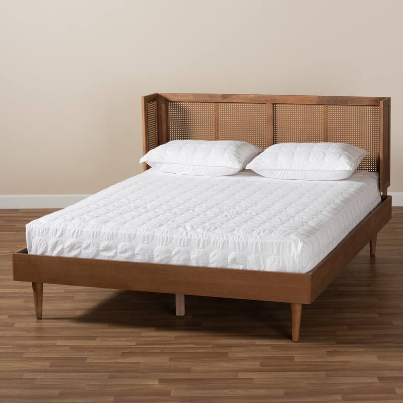 Mid-Century Modern Platform Bed - Ash Walnut Wood & Synthetic Full Size - Wrap-Around Headboard
