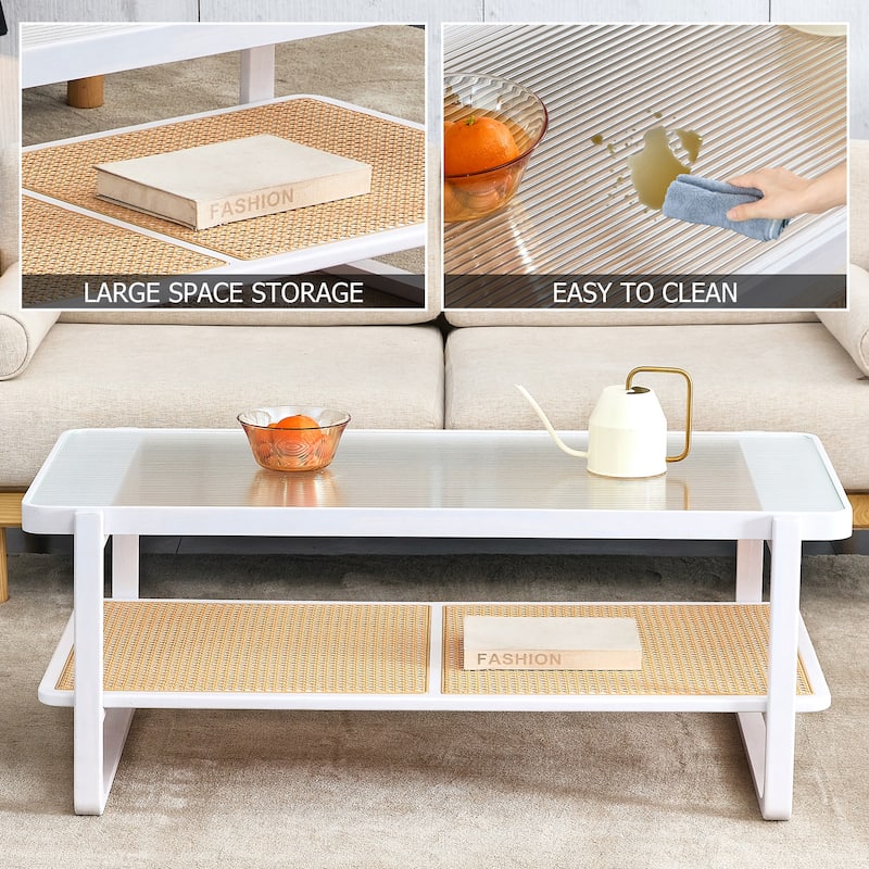 Wooden Coffee Table with lmitation Rattan Weaving Storage Shelves, Center Table Accent Table Side Table