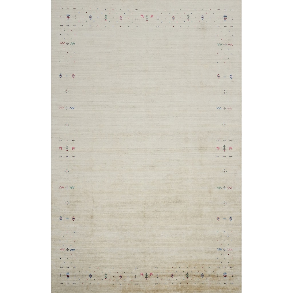 Hand Knotted Oriental Viscose Silk Carpet Tribal Animal Pictorial Beige & Ivories Gabbeh Area Rug - 11' 9'' X 8' 8''
