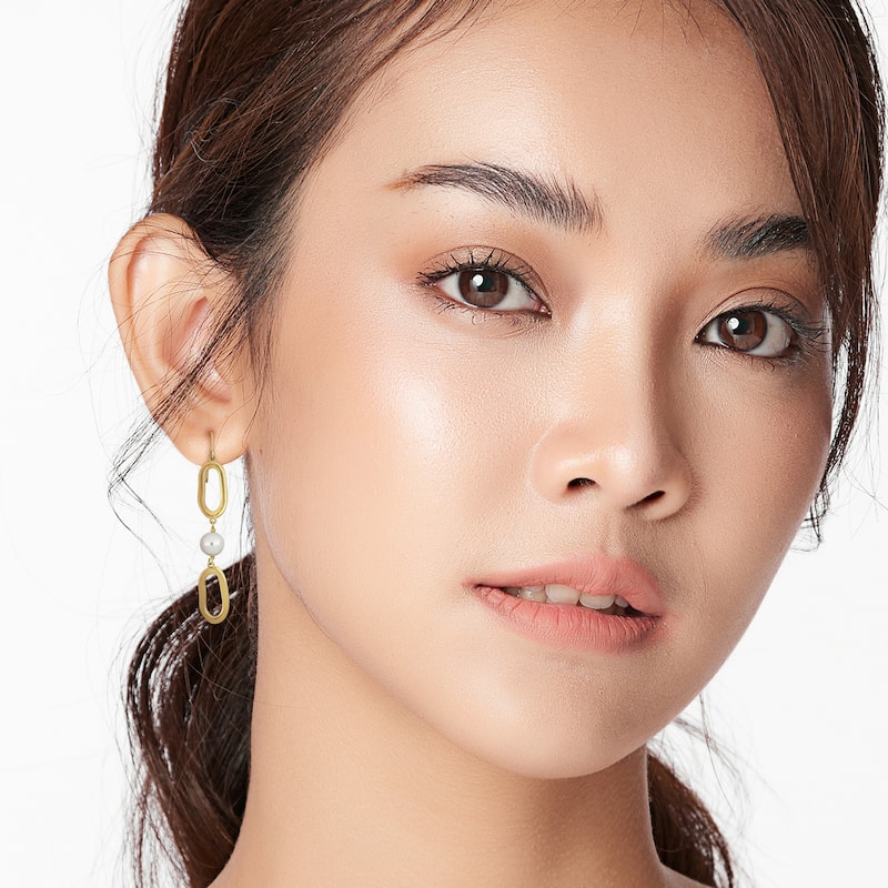 Miadora 6.5-7mm Cultured Freshwater Pearl Oval Link Drop Earrings in 10k Yellow Gold