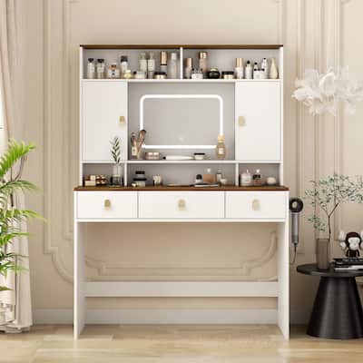 Farmhouse Dressing Makeup Tablewith Lighted Mirror, Makeup Drawer
