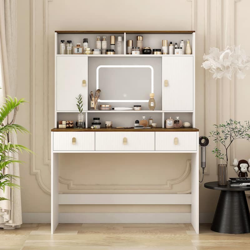 Roomfitters 42" Makeup Vanity with LED Lighted Mirror, Fluted White & Walnut Dressing Table, 3 Drawers, Hair Dryer Holder - White