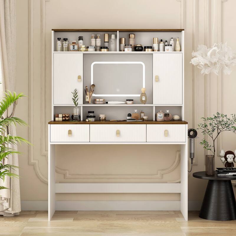 Vanity Set with Hair Dryer Holder, 43" Farmhouse Dressing Table with Lighted Mirror & Makeup Drawer