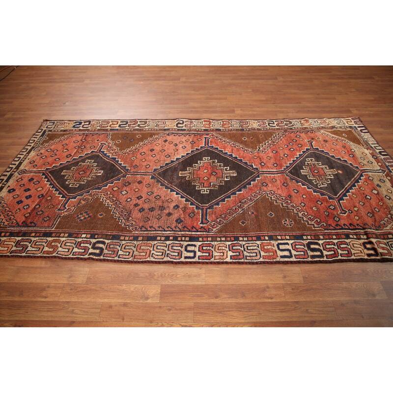 Hand Knotted Oriental 100% Wool Carpet Traditional Tribal Red Qashqai Runner Rug - 8' 7'' X 4' 3''