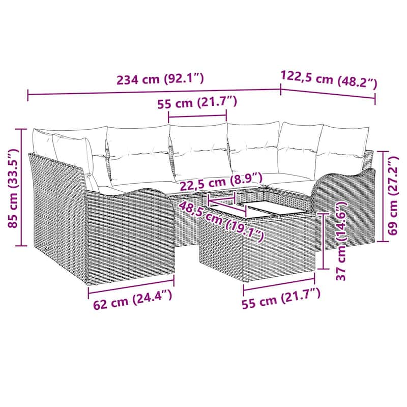vidaXL 7 Garden Sofa Set with Cushions Black/Brown/Grey Poly Rattan - 92.1 x 48.2 x 27.2