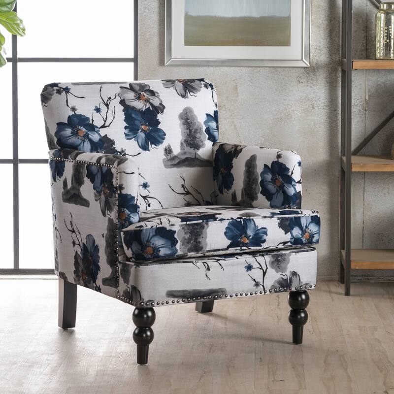Tufted Floral Fabric Club Armchair with Turned Wood Legs and Nailhead Accents