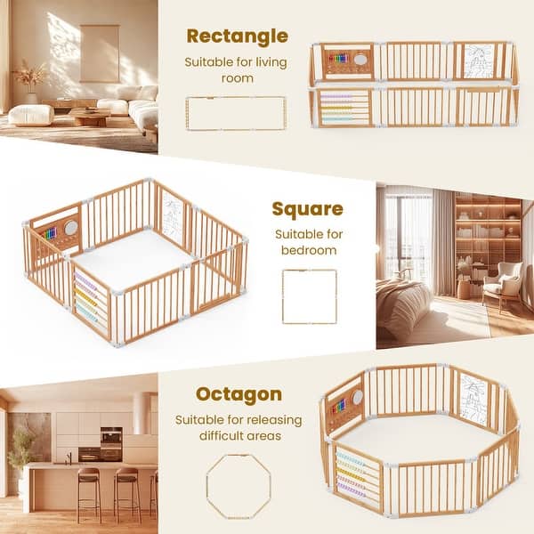 Foldable Wooden Playpen with Door, Adjustable, 1-8 years, Safety 