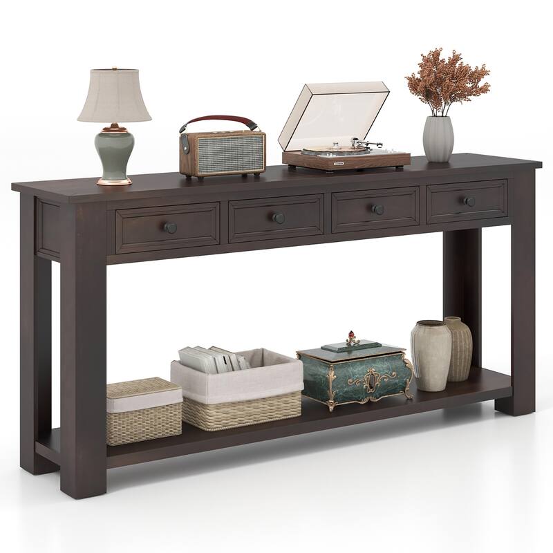 Gymax 63'' Farmhouse Entryway Table with 4 Storage Drawers and Open - Espresso - Wood