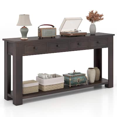 Gymax 63'' Farmhouse Entryway Table with 4 Storage Drawers and Open