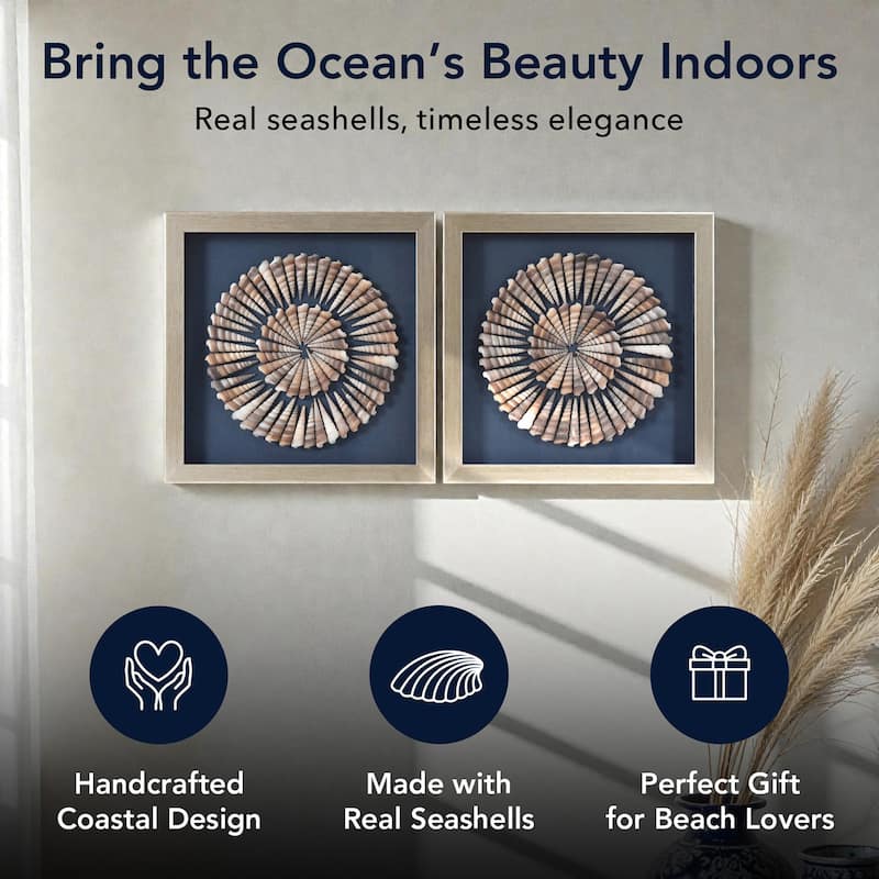 American Art Decor 2-Piece Coastal Seashell & Sea Glass Shadowbox Framed Wall Art Set