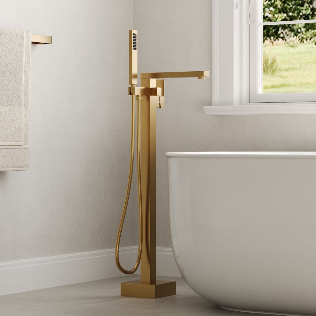 Freestanding Bathtub Faucet with 360°Swivel Spout, Single Handle Modern Floor-Mount Tub Faucet Set with Hand Shower