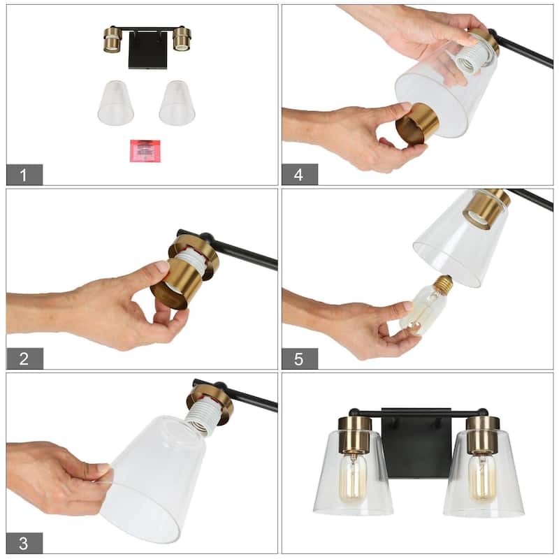 Airielle Black Gold 2-Lights Bathroom Vanity Lights Modern Farmhouse Bedroom Wall Lamps with Cylinder Glass Shade
