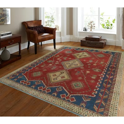 Vintage Distressed Awad Red/Blue Rug - 4'10" x 6'5"