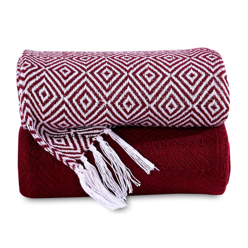 Handwoven Luxurious Cotton Sofa Couch Bed Throw Blankets All Season - Set of 2 (50''x60'') - Diamond Burgundy