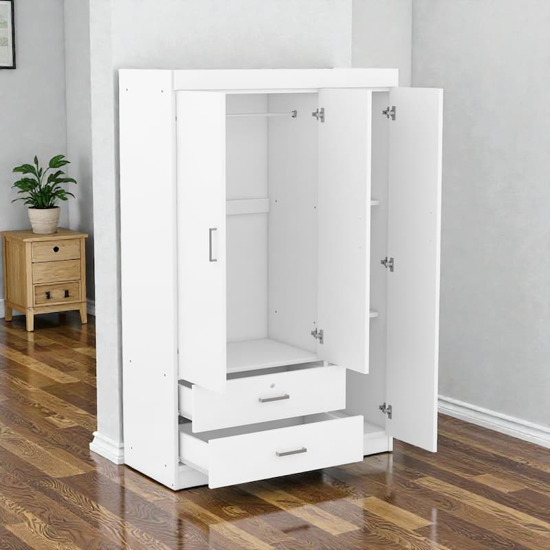 3 Door Wardrobe Closet with 2 Drawers, Modern White Freestanding Armoire Storage Cabinet for Bedroom
