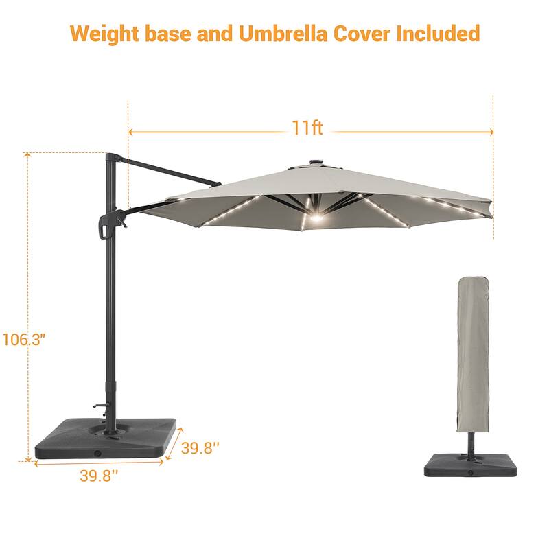 LIVOOSUN 11FT LED Round Patio Cantilever Umbrella With a Base