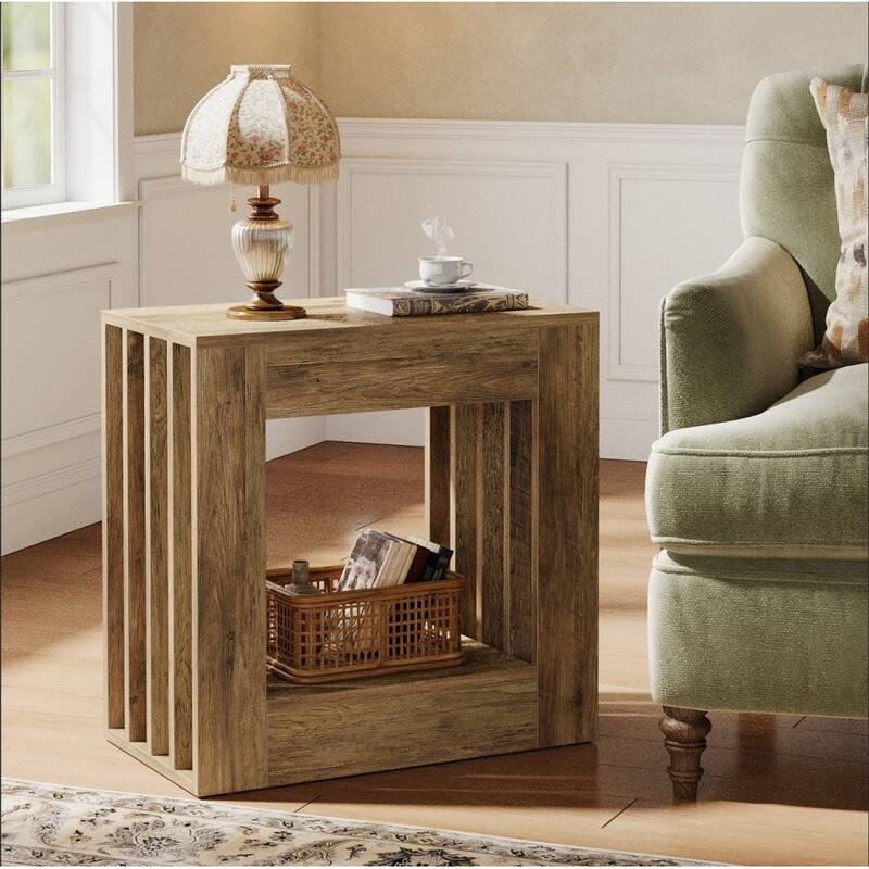 2 Tier Farmhouse End Table for Living Room, Rectangular Side Table with Storage Shelf - 1-Piece