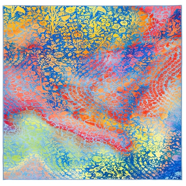 slide 2 of 6, SAFAVIEH Paint Brush Machine Washable Slip Resistant Crisalida Rug 6'7" Square - Blue/Coral - Square